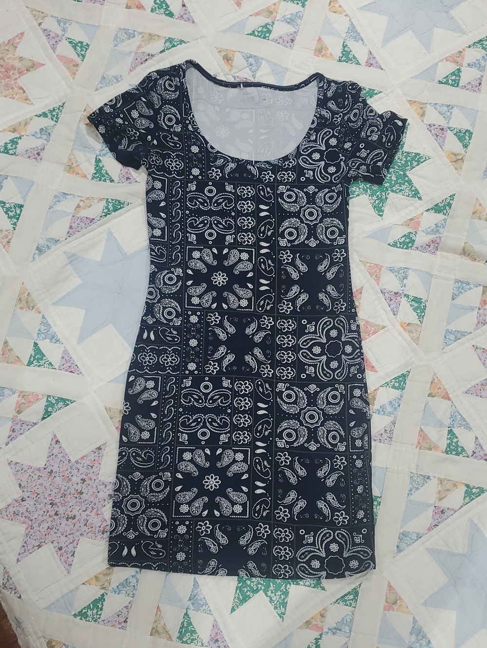 Super Soft Navy White Paisley Patchwork Bandana Print Bodycon Boat Neck Dress